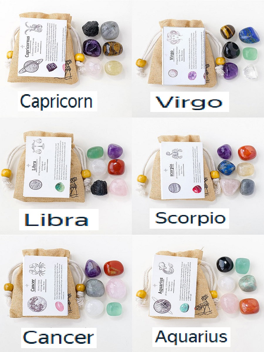 RYS Natural crystal cloth bag with rough stone, set of twelve constellations, handmade ore sample, gift for children