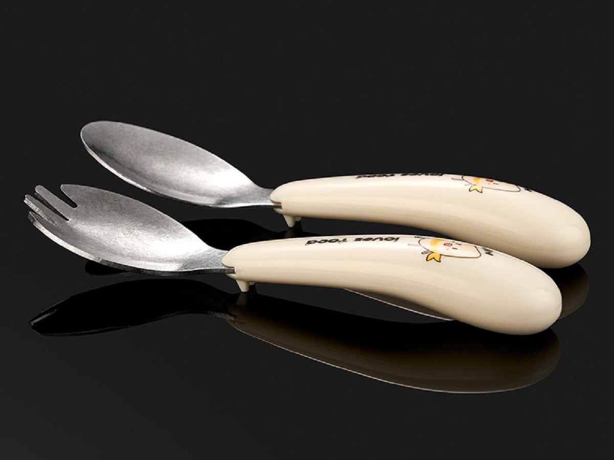 HOMGED Pure titanium children's spoon and fork tableware set, High temperature resistance and corrosion resistance, can be placed flat,suitable for eating training