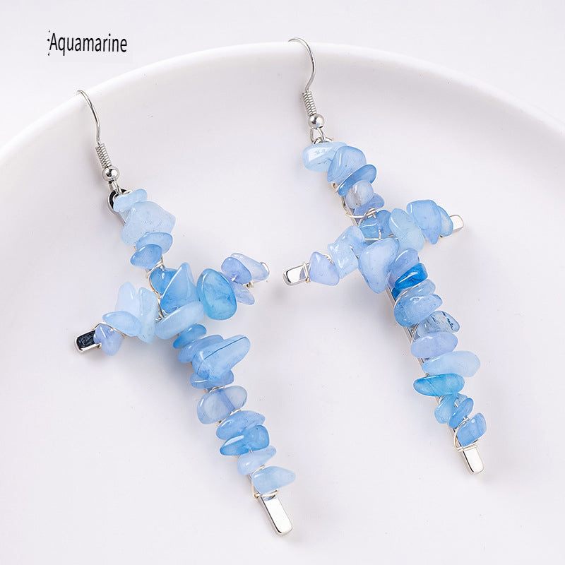 RYS Cross-shaped earrings with natural crystal gravel, handmade, simple women's ear hooks