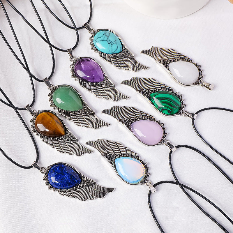 RYS Natural crystal gemstone rough Angel Wing Pendant necklace, retro crystal crafts