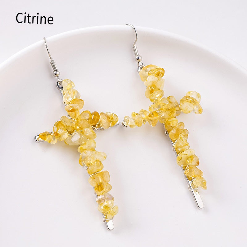 RYS Cross-shaped earrings with natural crystal gravel, handmade, simple women's ear hooks
