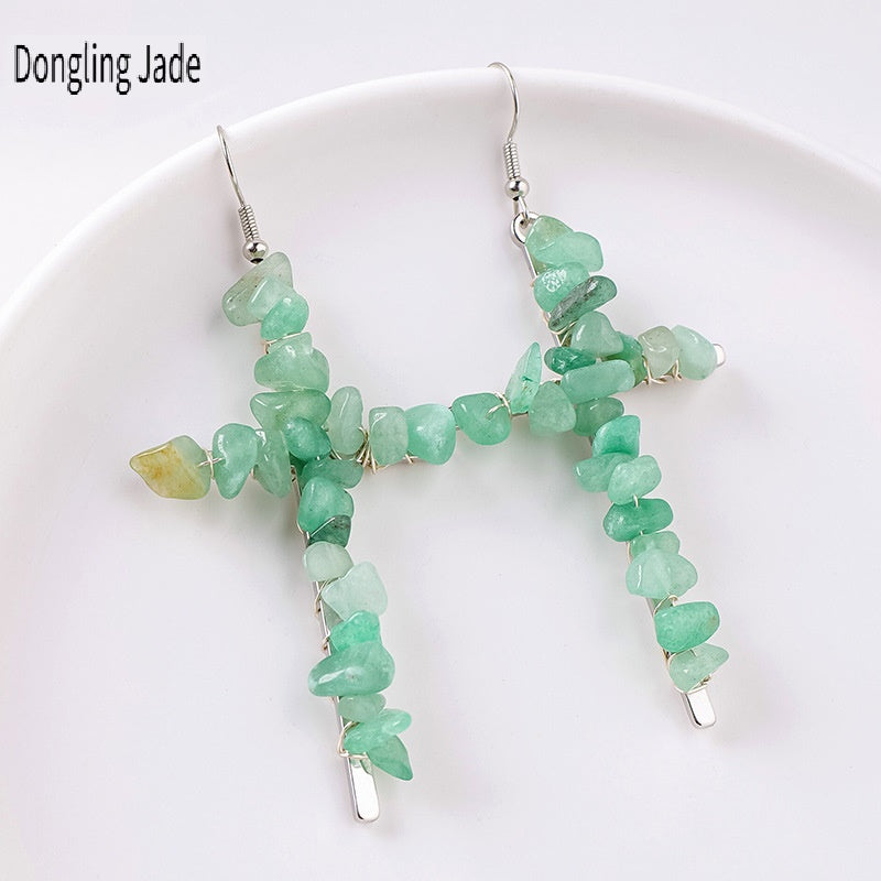 RYS Cross-shaped earrings with natural crystal gravel, handmade, simple women's ear hooks