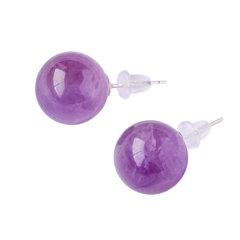 RYS S925 sterling silver natural Brazilian amethyst round bead earrings, fashionable and simple