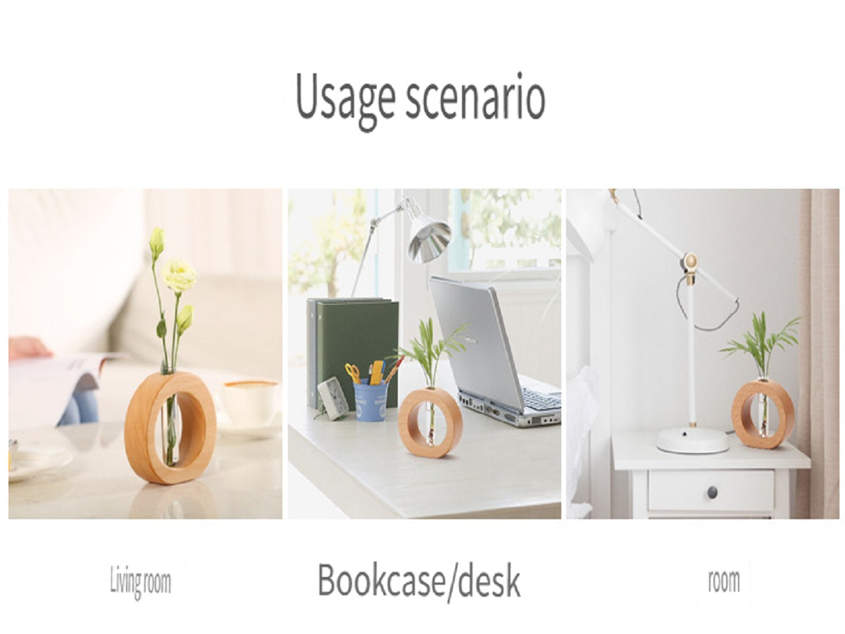 XMT Wooden vase creative home desktop decoration, with transparent glass test tube, hydroponic plant flower arrangement, simple pastoral style