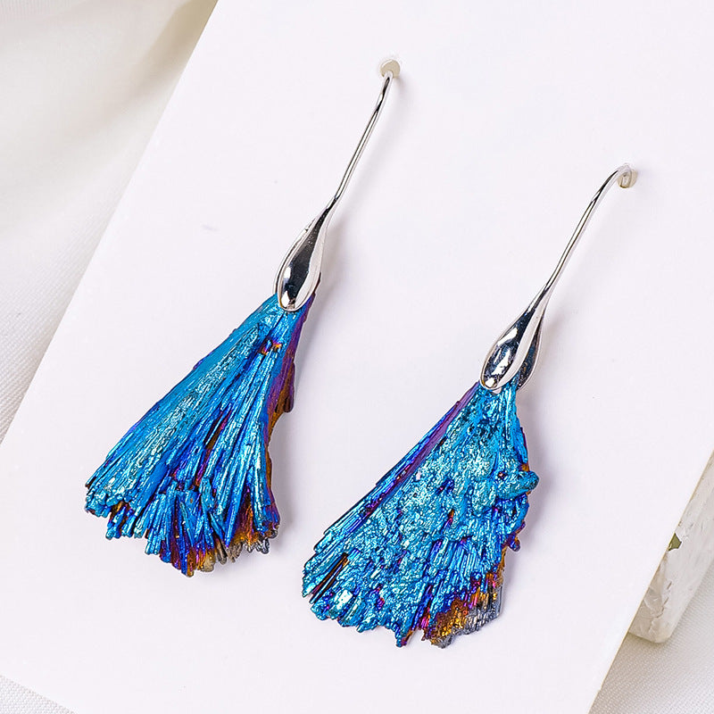 RYS Natural electroplated black tourmaline blue feather rough stone earrings, tourmaline peacock feather ear hook jewelry