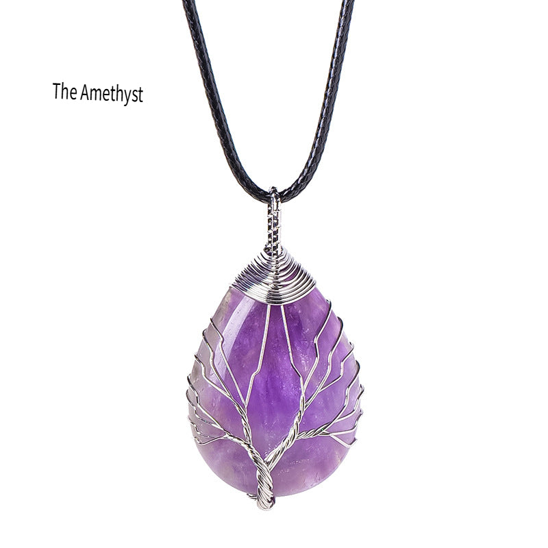 RYS Tree of Life water drop wrapped silk Pendant, hand-woven natural crystal energy stone necklace