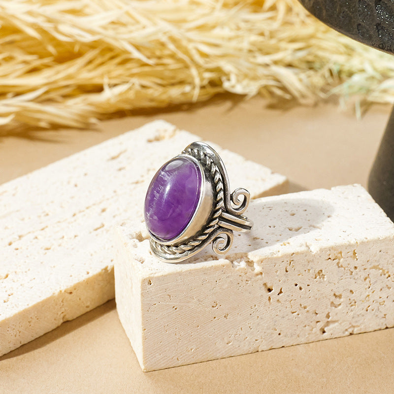 APENG European and American retro style natural crystal gemstone rough stone ring, polished surface, adjustable size