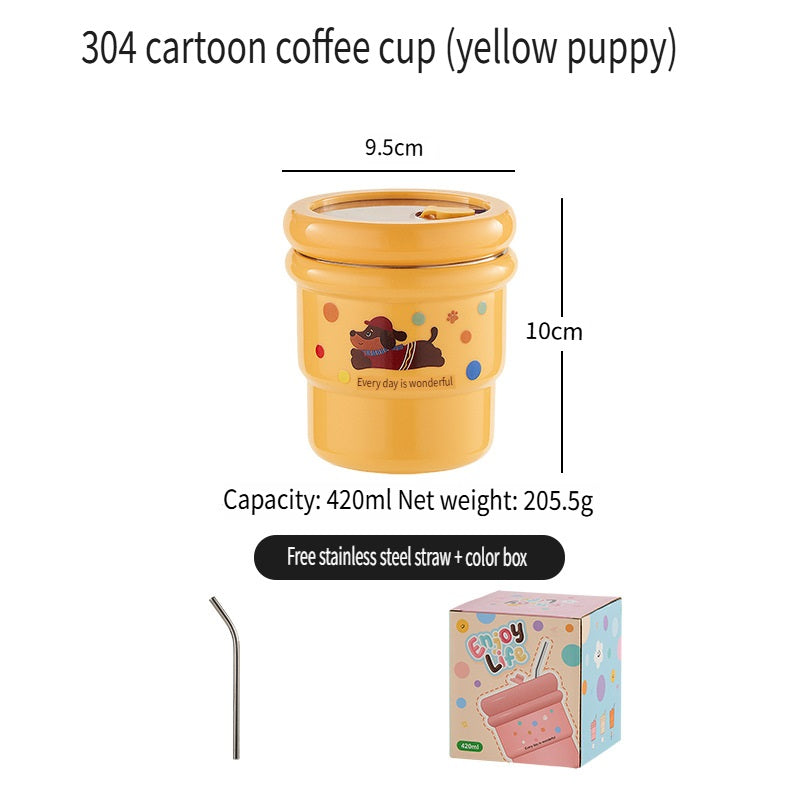 HGD 304 stainless steel coffee cup, cartoon pattern, with straw