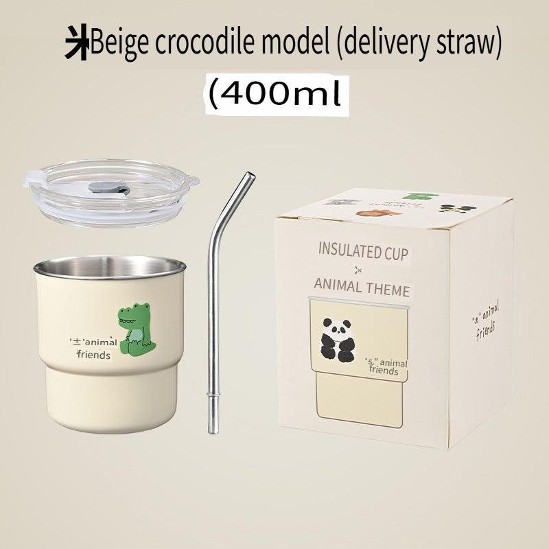 HGD 304 stainless steel coffee cup, cartoon pattern, with straw