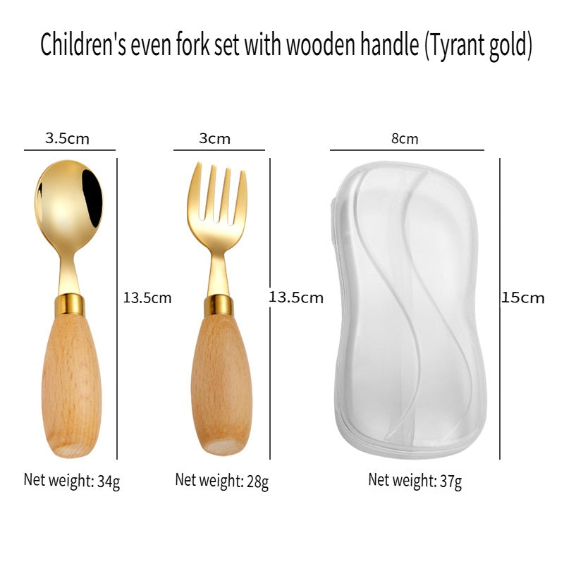 HOMGED 304 stainless steel beech handle children's spoon and fork set, original steel color and gold，can stand upright