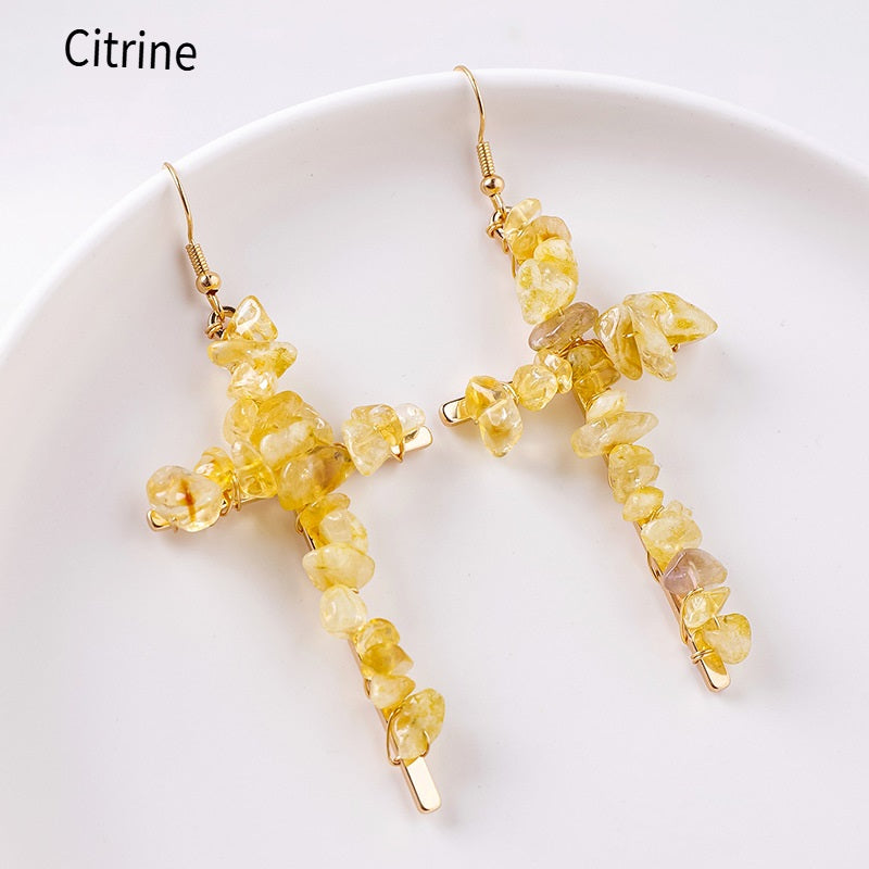 RYS Cross-shaped earrings with natural crystal gravel, handmade, simple women's ear hooks