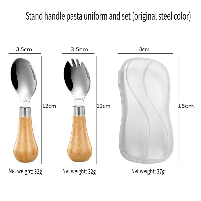 HOMGED 304 stainless steel beech handle children's spoon and fork set, original steel color and gold，can stand upright