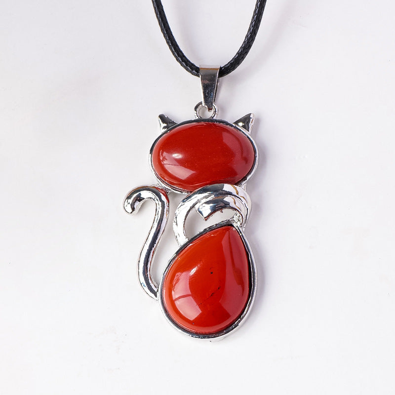 RYS Natural crystal semi-precious stone inlaid cat pendant necklace