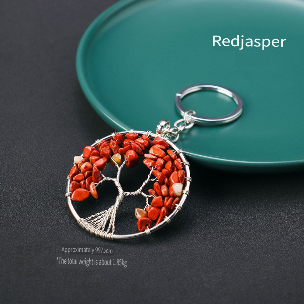 RYS Natural crystal Tree of Life keychain, crystal rough stone gravel key chain