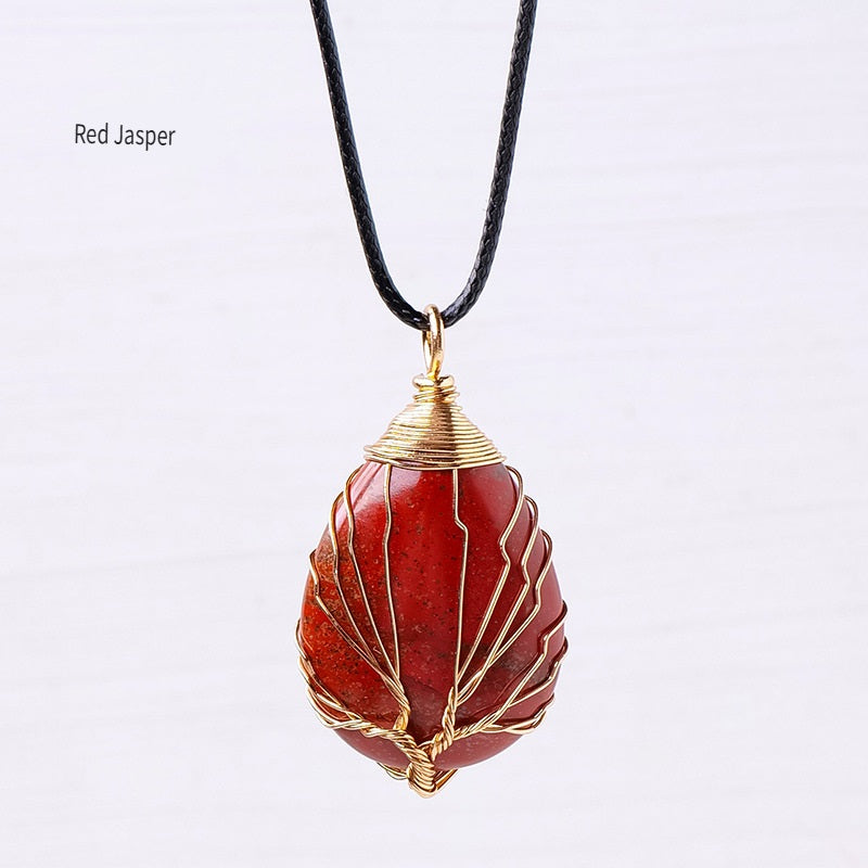 RYS Tree of Life water drop wrapped silk Pendant, hand-woven natural crystal energy stone necklace