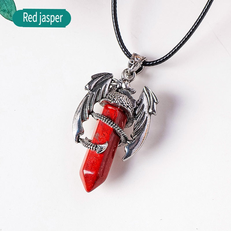 RYS Necklace with a pendant in the form of a flying dragon on one end column made of natural crystal, necklace with a hexagonal crystal column