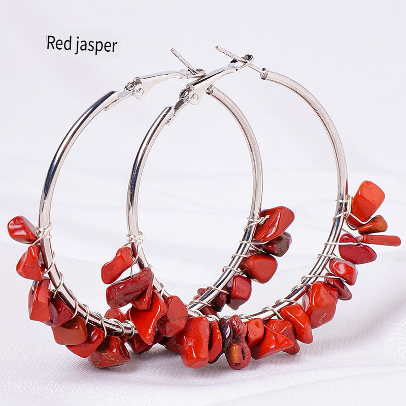 RYS Natural crystal gravel earrings, hand-wound, fashionable and versatile round earrings