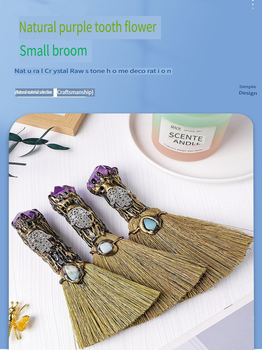 RYS A mini broom made of natural crystal, made from an amethyst tooth flower, a magical handmade broom decoration