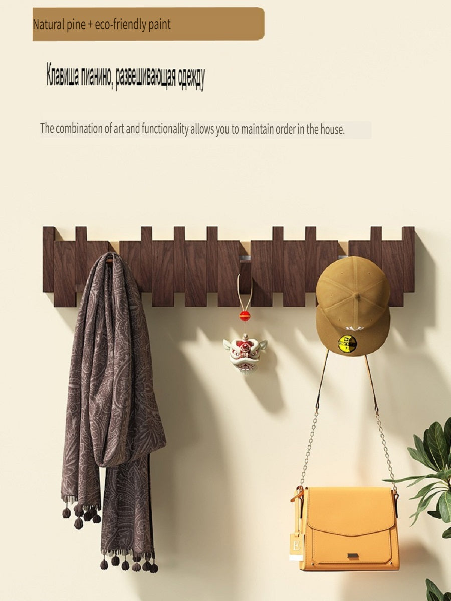 MYZD Creative walnut color pine wood wall mounted piano key clothes hanger punch-free coat rack 4-12 hooks optional