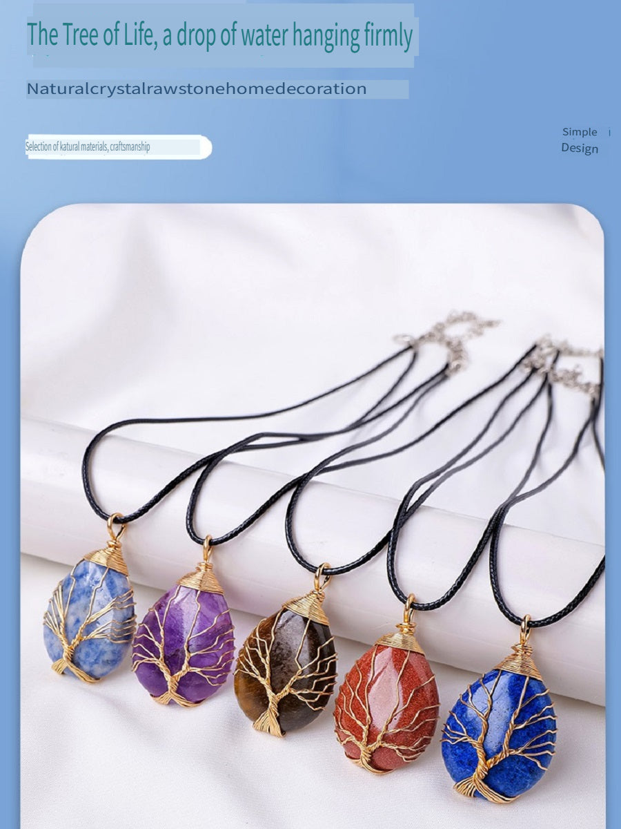 RYS Tree of Life water drop wrapped silk Pendant, hand-woven natural crystal energy stone necklace