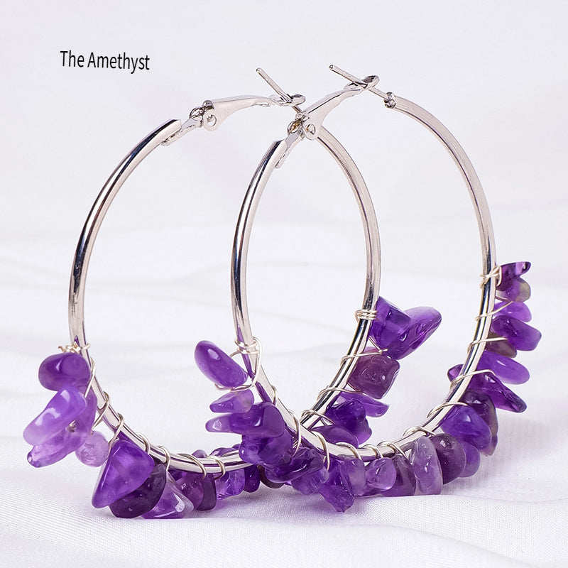 RYS Natural crystal gravel earrings, hand-wound, fashionable and versatile round earrings