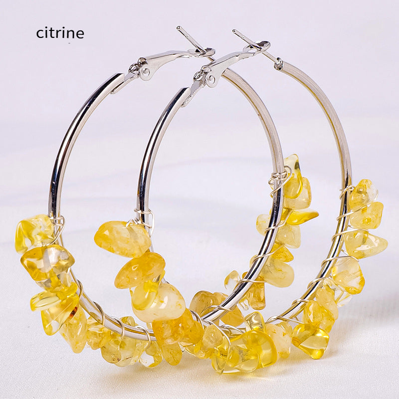 RYS Natural crystal gravel earrings, hand-wound, fashionable and versatile round earrings