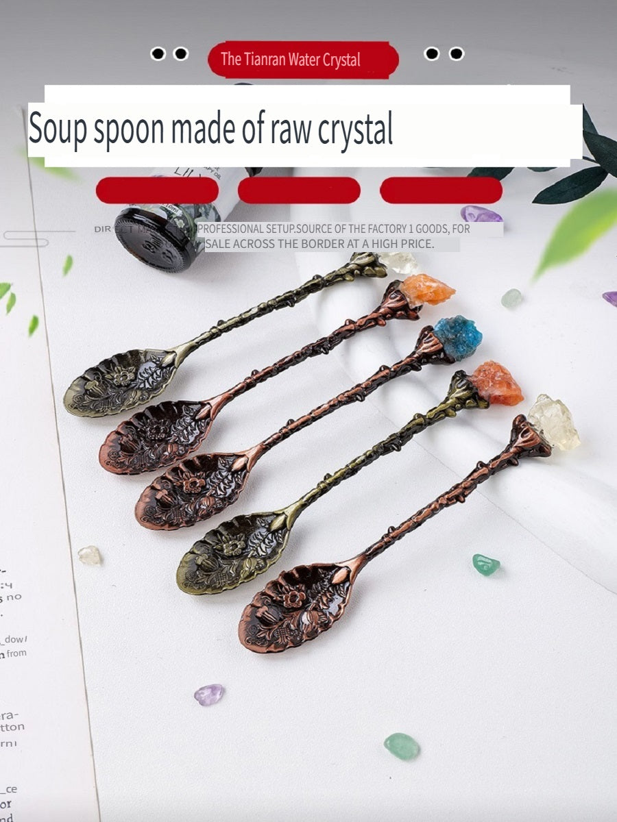 RYS Spoon inlaid with natural crystals, retro carvings, crystal crafts