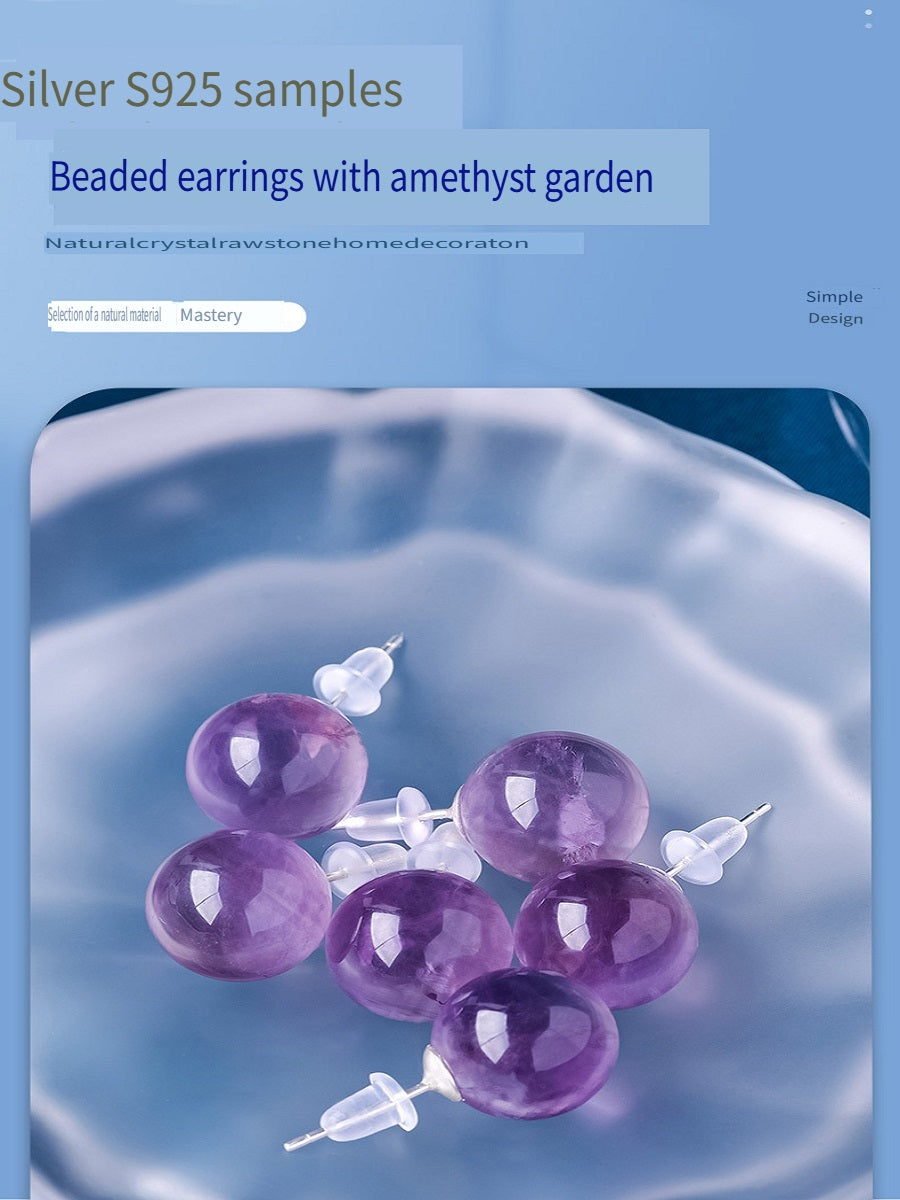 RYS S925 sterling silver natural Brazilian amethyst round bead earrings, fashionable and simple