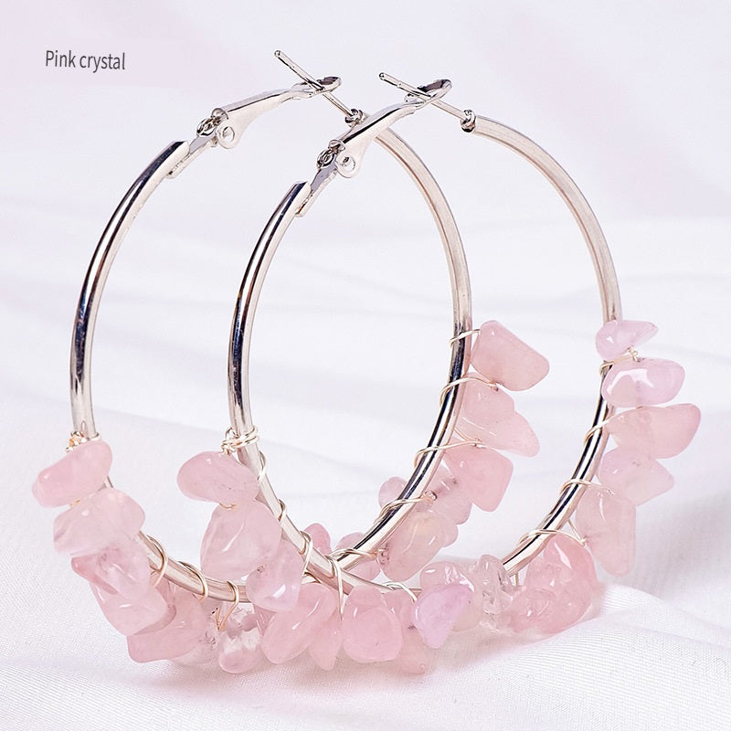 RYS Natural crystal gravel earrings, hand-wound, fashionable and versatile round earrings