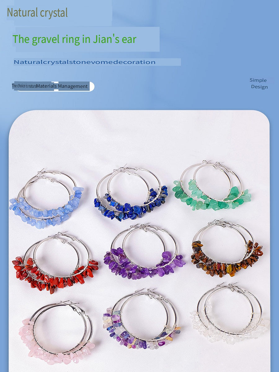 RYS Natural crystal gravel earrings, hand-wound, fashionable and versatile round earrings