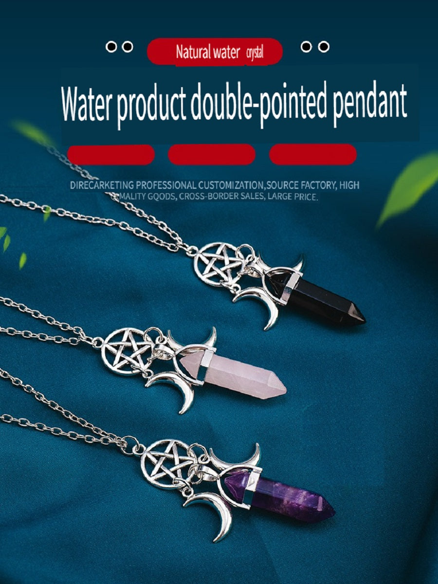 RYS Natural crystal gemstone hexagonal double pointed column pendant necklace, double moon five-pointed star necklace