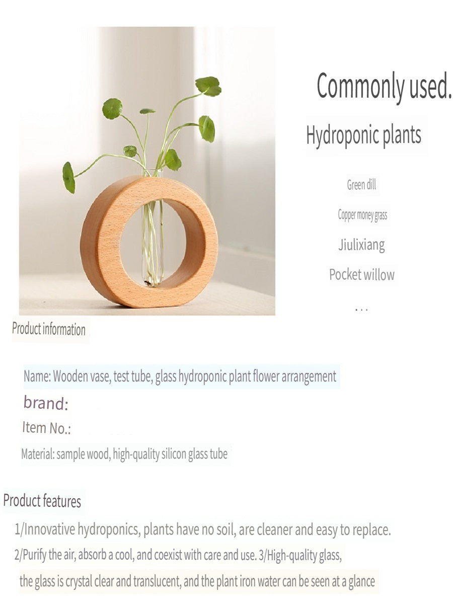 XMT Wooden vase creative home desktop decoration, with transparent glass test tube, hydroponic plant flower arrangement, simple pastoral style