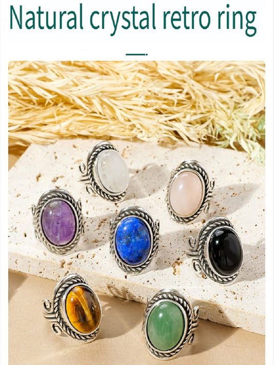 APENG European and American retro style natural crystal gemstone rough stone ring, polished surface, adjustable size