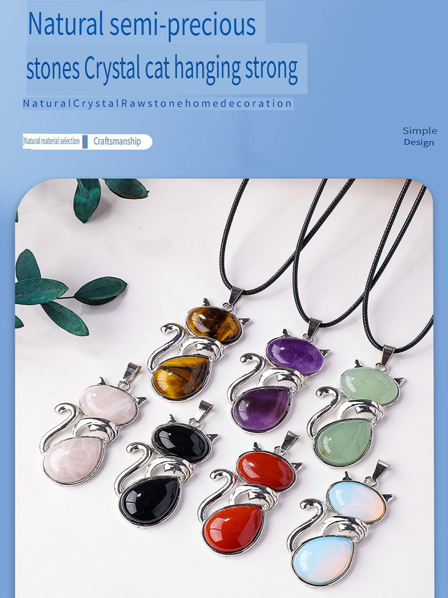 RYS Natural crystal semi-precious stone inlaid cat pendant necklace