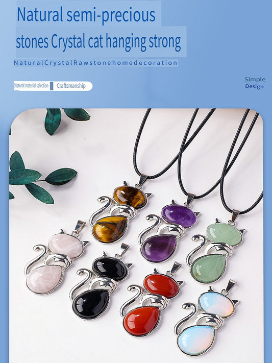 RYS Natural crystal semi-precious stone inlaid cat pendant necklace