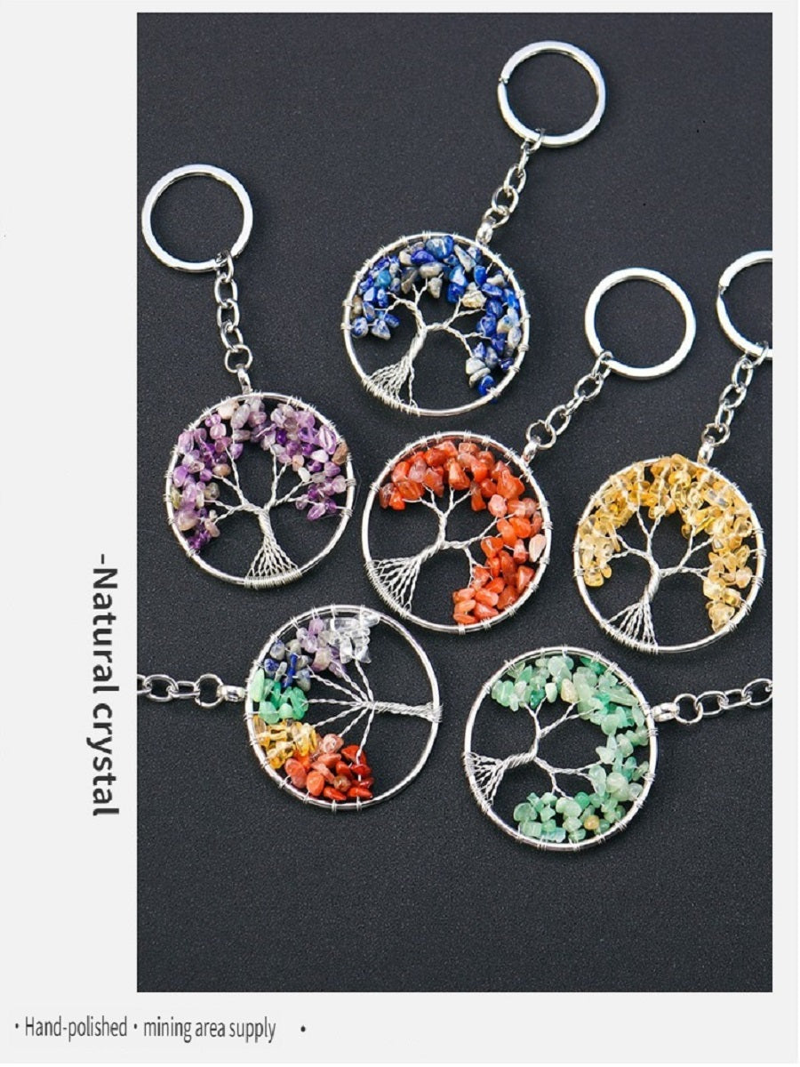 RYS Natural crystal Tree of Life keychain, crystal rough stone gravel key chain