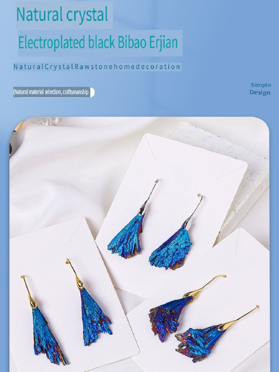 RYS Natural electroplated black tourmaline blue feather rough stone earrings, tourmaline peacock feather ear hook jewelry