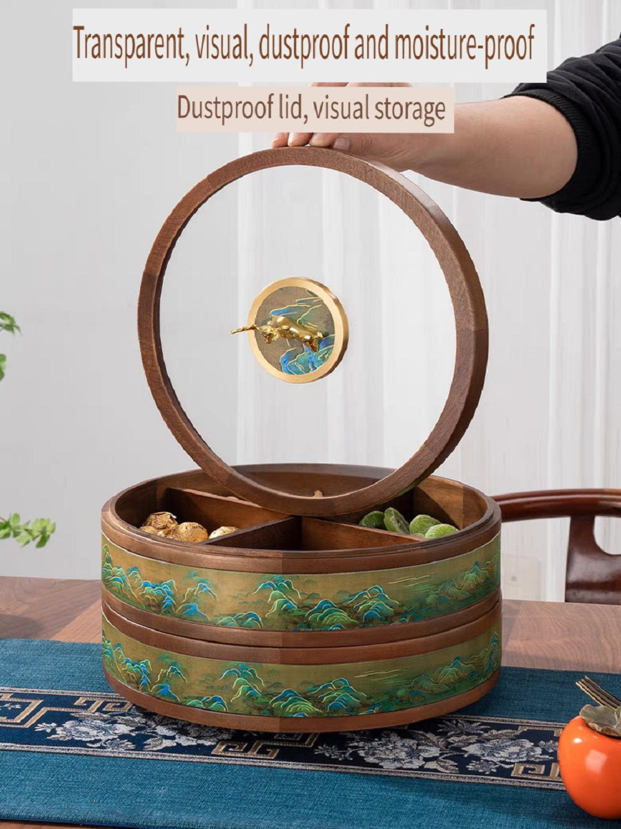 MYZD New Chinese style round dried fruit box, 360 degree rotating, made of African Okoume wood