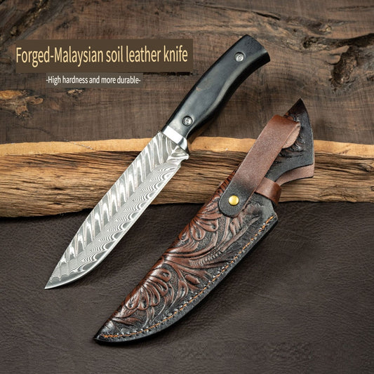 HFD Damascus steel fruit knife, hand-forged, fishbone pattern, outdoor high hardness portable knife, with leather case