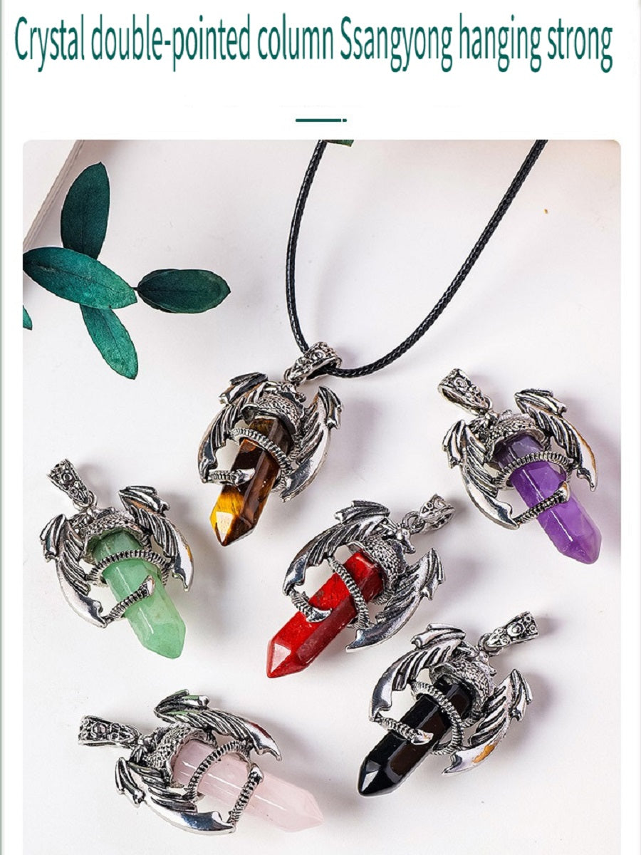 RYS Necklace with a pendant in the form of a flying dragon on one end column made of natural crystal, necklace with a hexagonal crystal column