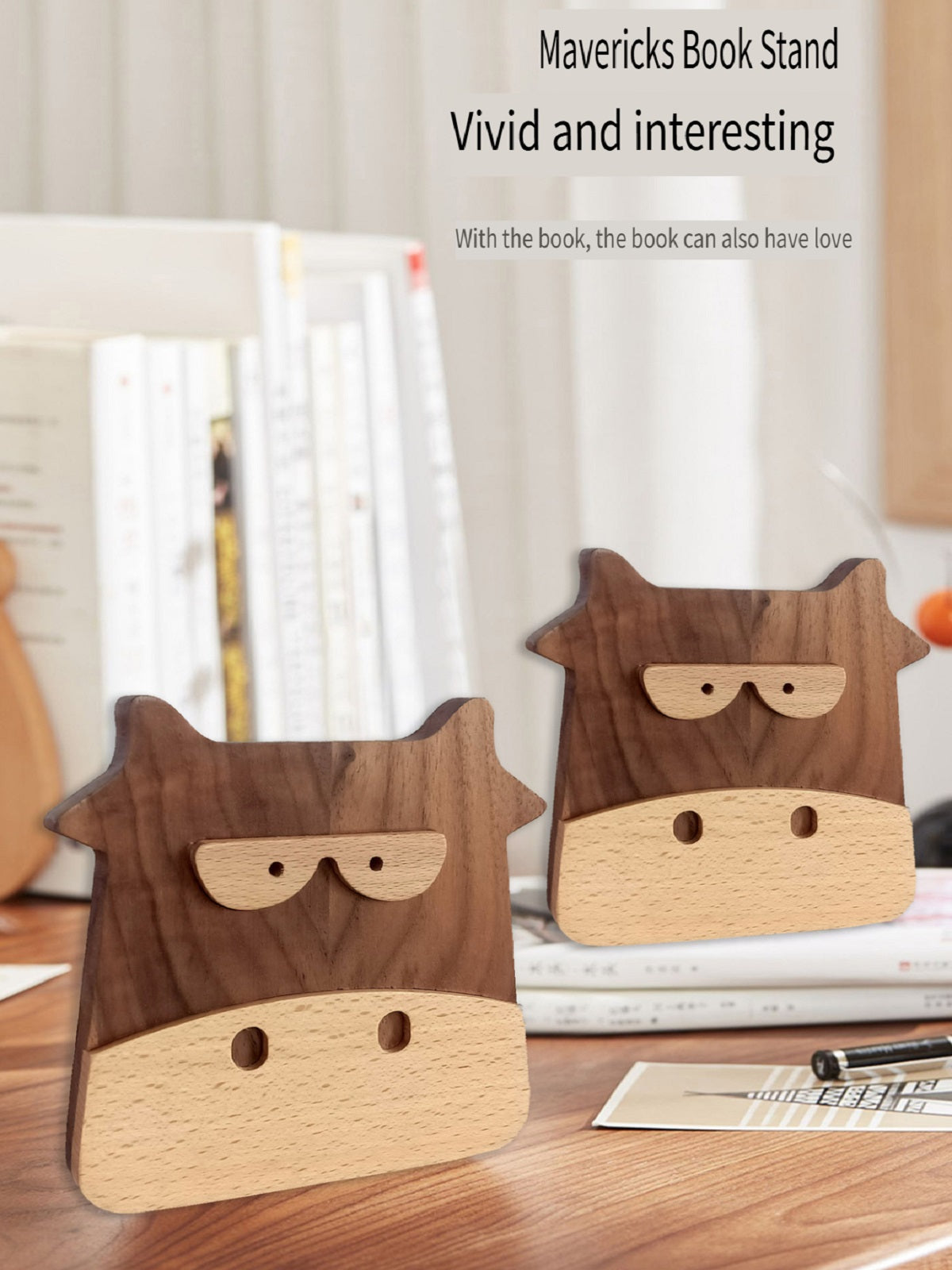 XMT Walnut inlaid beech calf book stand, 2 pcs