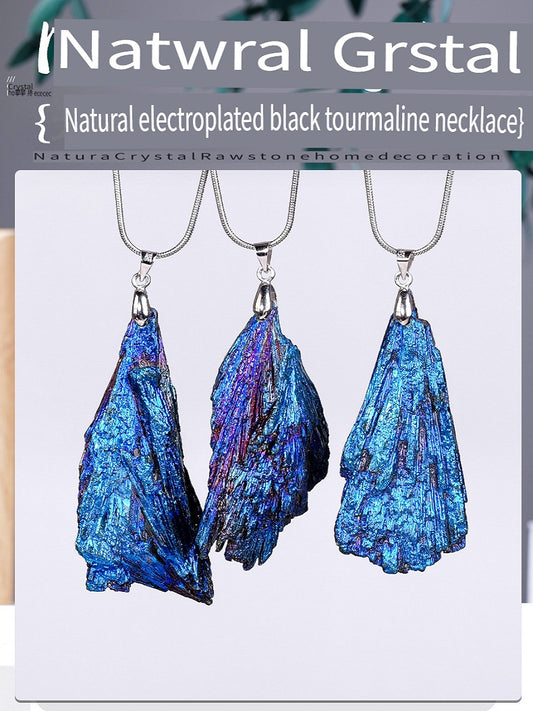 RYS Natural electroplated black tourmaline pendant necklace, tourmaline rough ore standard blue peacock feather jewelry