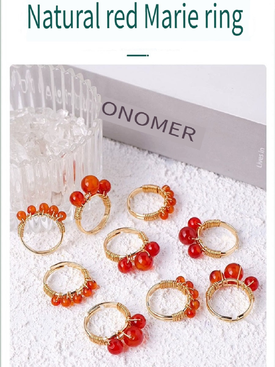 RYS Natural red agate round bead ring, hand-wound