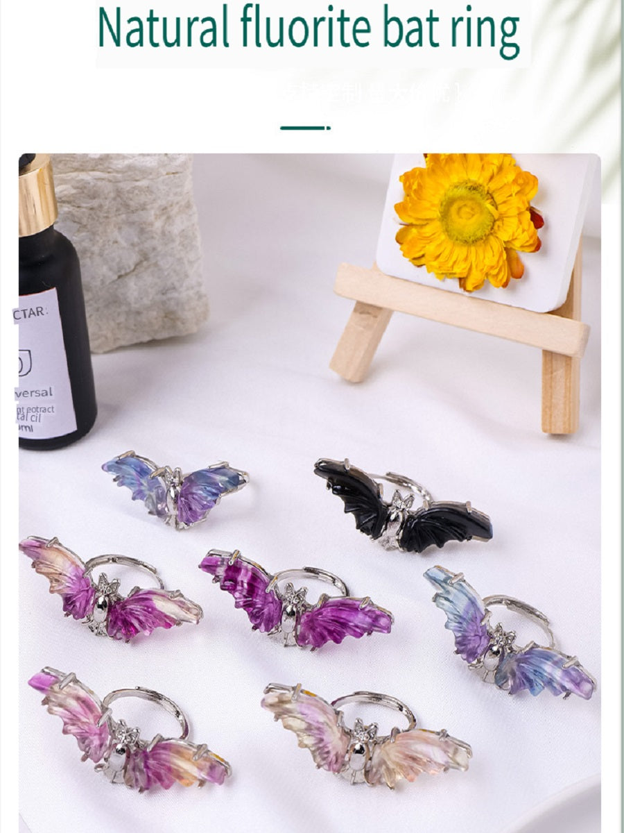 APENG Natural obsidian bat ring, adjustable size, Halloween crystal jewelry