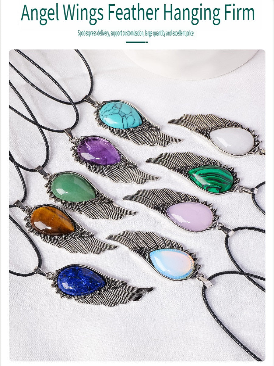 RYS Natural crystal gemstone rough Angel Wing Pendant necklace, retro crystal crafts