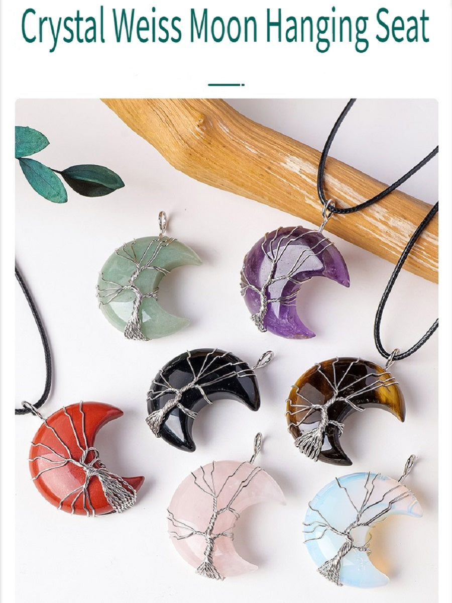 RYS Natural crystal rough stone moon pendant necklace