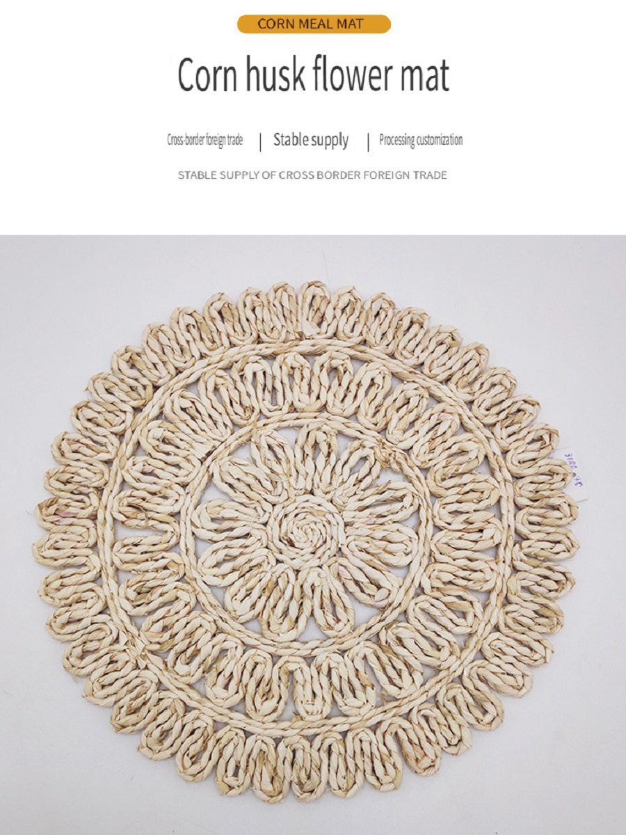 BGS corn fur woven placemat, creative flower-shaped woven heat insulation pad, diameter 9.8/11.8/13/15 inches, 9 styles