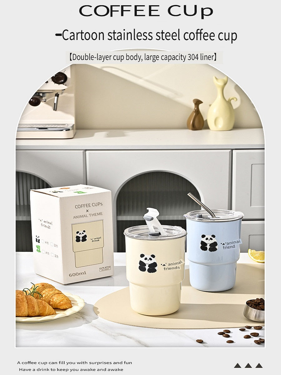 HGD 304 stainless steel coffee cup, cartoon pattern, with straw