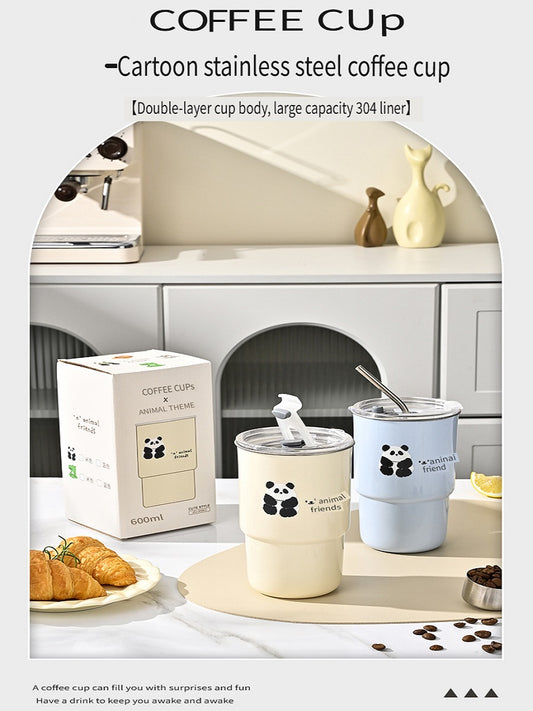 HGD 304 stainless steel coffee cup, cartoon pattern, with straw