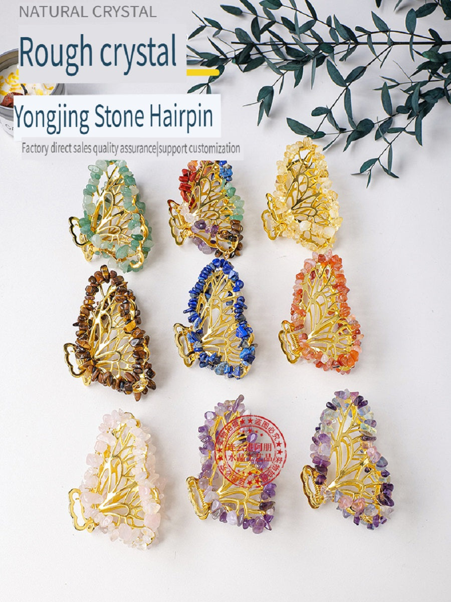 APENG Natural crystal gemstone gravel alloy butterfly hairpin